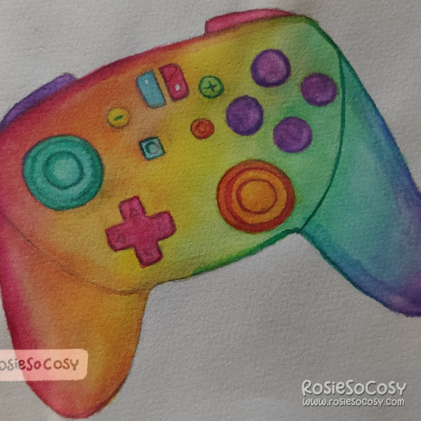 A watercolour painting of a rainbow Nintendo Switch Pro Controller.