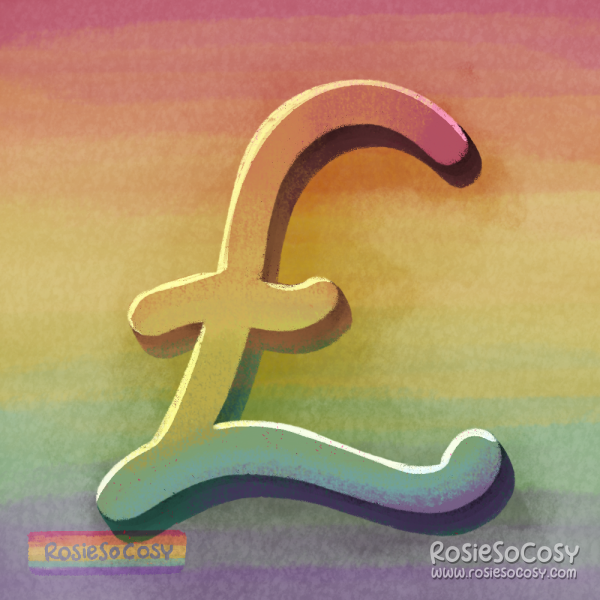 A British Sterking Pound sign in rainbow colours.