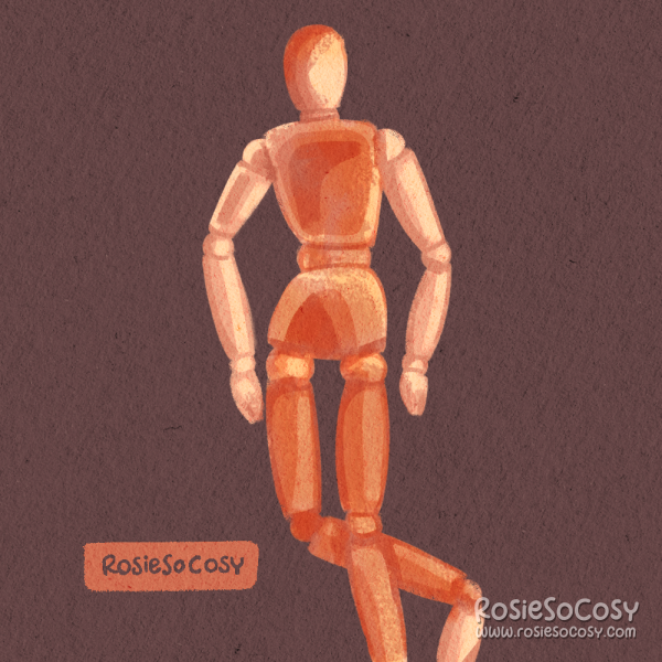 An illustration of a wooden drawing dummy, with highlights and shadows, and areas that are more red than others. Though most of the body is red, indicating pain.