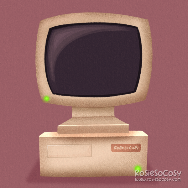 An illustration of a yellowed old personal desktop computer, with a CRT monitor.