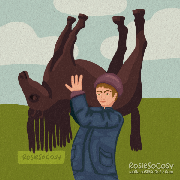 An illustration of a man carrying an upside down dark brown horse on his shoulders. The man has a pinkish skin tone, dark blonde hair peeking out from under his plum coloured farmer’s hat. He is wearing dark blue overalls with a dark blue coat over it. 