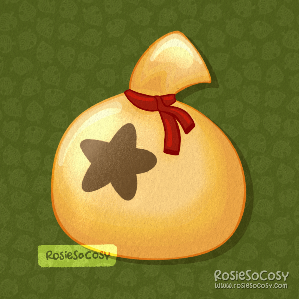 An illustration of a bag of bells from the Animal Crossing game series. It's a yellow bag with a brown star on it, and it's tied together with a red ribbon. The background is green with Animal Crossing style leaves all over.