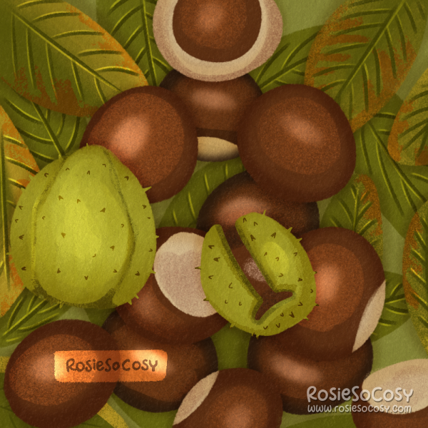 An illustration of a whole lot of conkers on a pile of leaves.