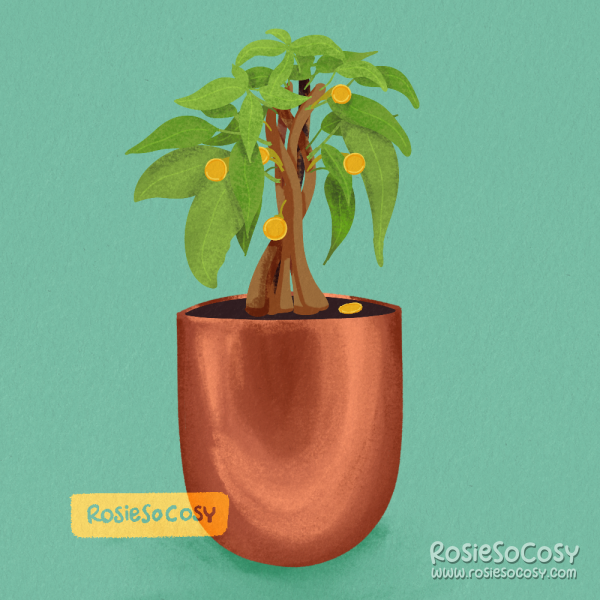 An illustration of a tiny, baby money plant, with yellow coins in it.