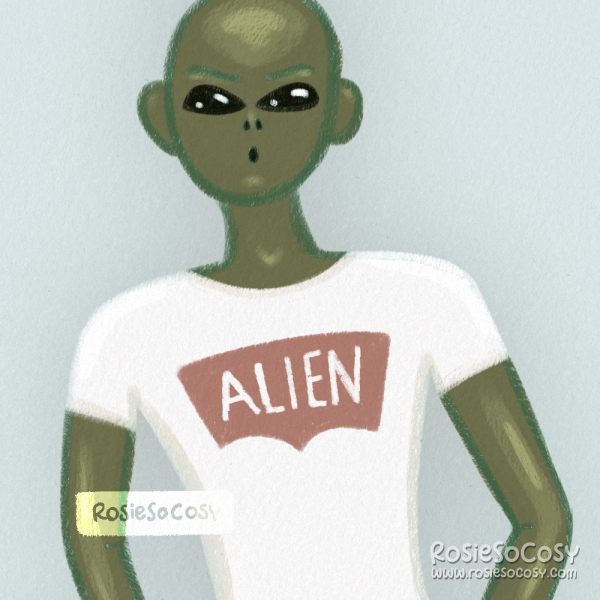 An illustration of a bald green alien model posing with a white fitted tee, with a red ALIEN logo on it.