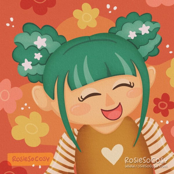 Illustration of a girl character in Animal Crossing. She has light to medium skin, teal coloured hair, eyes closed, smiling a wide grin and she has rosy cheeks. She is wearing an ochre yellow and white striped outfit, with a white heart on it. She is surrounded by yellow, pink and red flowers.