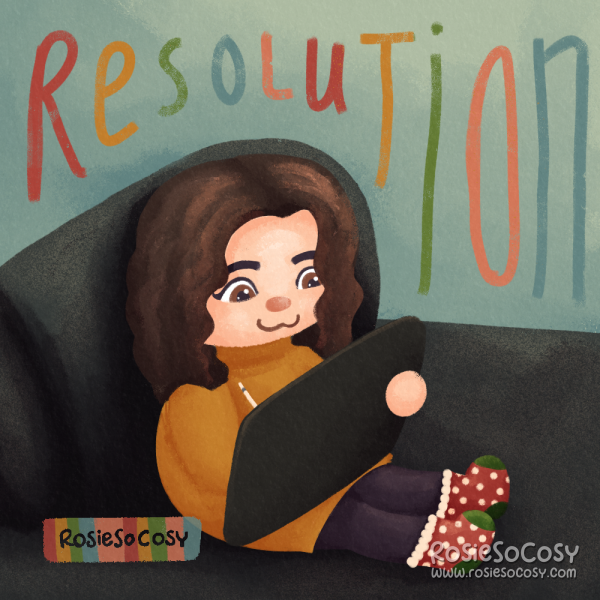 Illustration of an Animal Crossing inspired female character with light skin, brown eyes and brown curly hair. She is wearing an ochre jumper, black leggings and red and green polka dot socks. She is comfortable on the sofa, drawing something on her tablet, using a white stylus pen.