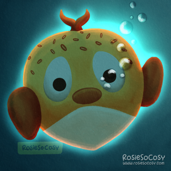 Illustration of a yellow and orange fish underwater. Air bubbles are floating up. In the background there is a light source, though it is unknown what's emitting the light.