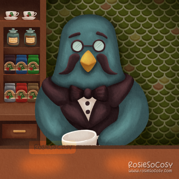 Illustration of Brewster, a character from the Animal Crossing video game series. Brewster is standing behind the counter at The Roost, the cafe inside the museum in Animal Crossing: New Horizons.