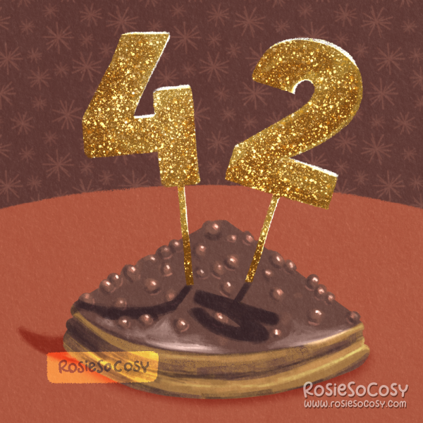 Illustration of a piece of chocolate Almondy Daim pie, with the number 4 and the number 2 on it. Both letters are huge, gold and glittery, and cast a shadow on the pie.
