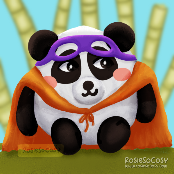Illustration of a Chonky Panda, wearing a purple mask, and an orange cape. In the background are bamboo trees.