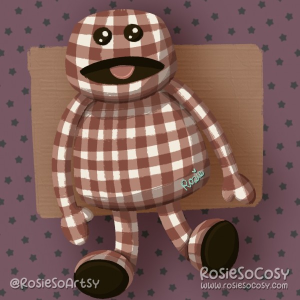 An illustration of Mr. Jummy. Mr. Jummy has a red and white checkered pattern all over, a big grin, with the inside of his mouth all black, except for the pink little tongue sticking out. Mr Jummy is sitting against what appears to be a cardboard box. In the background there’s a purple starry wallpaper.