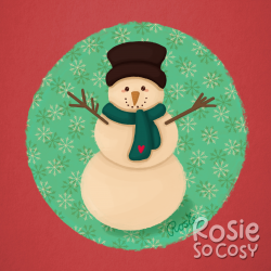This is the 2022 version of the Snowman illustration. A cream coloured snowman with a teal coloured scarf with a little red heart on it. The snowman has a big top hat. There is a friendly smile on his face, and two arm sticks sticking out of his body. The background is a big mint coloured circle with snowflakes on it. And behind it is a big red background.