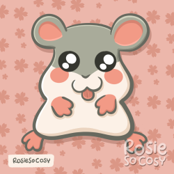 A white and grey hamster with pink accents inside its ears, hands, feet and cheeks. Hammie has got really big black eyes. The background is pink with sakura leafs.