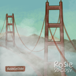 Illustration of the Golden Gate Bridge in San Francisco. The bridge is surrounded by Karl, aka the fog.
