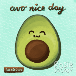 Illustration of a happy avocado saying “avo nice day”