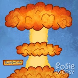 An atomic bomb attack in reds, oranges and yellow. The sky is blue.