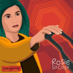 An illustration of the Doctor, as portayed by Jodie Whittaker, but in Rosie’s style, with teal hair, an ochre coat and brown shirt.