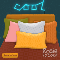 An illustration of a bed with 5 pillows, one olive green, one orange, one light grey, one light pink and onetellow. The bed’s headboard is orange as well.The bedding is reddish brown and has a subtle geometric pattern. The walls are petrol blue and there’s a big neon sign above the bed that says “cool”