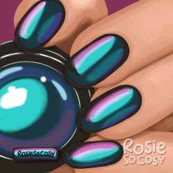 An illustration of a hand with nail polish on the nails. The hand is holding the matching bottle of nail polish. It’s an oily effect. Very dark polish with teal and purple shine in it.