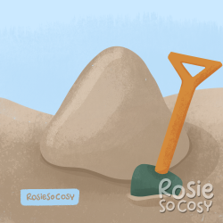Illustration of a sand pit with a big pile of sand in the middle. There is a spade/shovel in the sand.