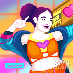 Illustration of Brezziana, a plus size character and dancer on Just Dance 2023. She is wearing a very 80s style outfit and has purple frizzy hair. She is carrying a boombox with hearts for speakers. Her clothes are orange with yellow accents and a pink heart on her top. She has an aqua jacket with some pink accents.