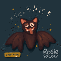 An illustration of a dark brown bat who appears to be drunk.