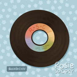 An illustration of a 45 r.p.m. single with a rainbow gradient label, with the text RSC in big, and below it says “SINGLE AND READY TO MINGLE”