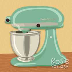Illustration of a soafoam kitchen mixer with a shiny steel bowl.