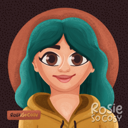 Self portrait illustration of Rosie with seafoam hair, pink lips, big brown eyes and an ochreyellow hoodie.