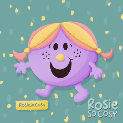 An illustration of Little Miss Nice, from the Mr. Men series. Little Miss Nice is a light purple, with black freckles on each cheek. She has pink hair with yellow highlights.