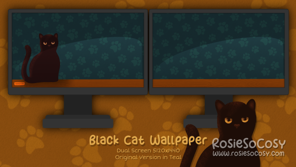 "Salem" Black Cat. Dual Screen Wallpaper (5120x1440). Original Version. Teal Background. Created by RosieSoCosy aka Rosana Kooymans 