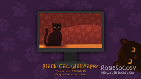 "Salem" Black Cat. Widescreen Wallpaper (2560x1440). Original Version. Red Background. Created by RosieSoCosy aka Rosana Kooymans 