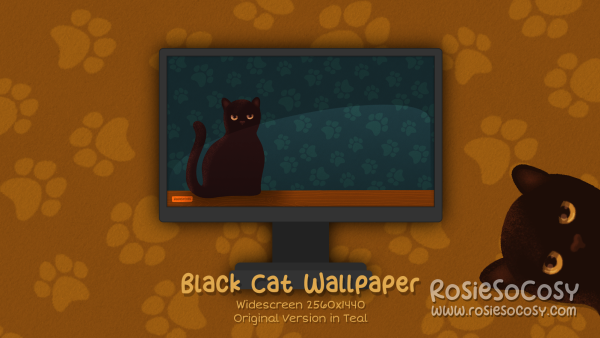 "Salem" Black Cat. Widescreen Wallpaper (2560x1440). Original Version. Teal Background. Created by RosieSoCosy aka Rosana Kooymans 