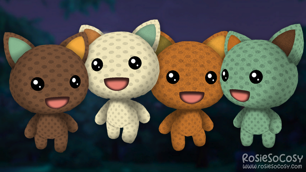 RosieSoCosy Dots Skin Pack for Cats - 4 cat skins for Garden Paws. From left to right: a dark brown cat with a dotted pattern, one ear is seafoam, the other is yellow. Next is a creamy cat with a dotted pattern, one ear orange and the other seafoam. Third is an orange brown cat with a dotted pattern. One ear is green, the other is yellow. And finally a seafoam cat with a dotted pattern. One ear is orange, the other is dark brown.