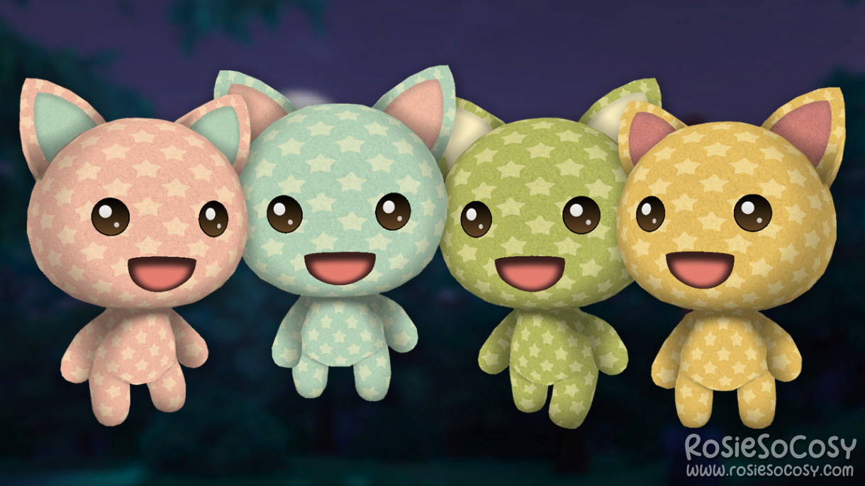 RosieSoCosy Stars Skin Pack for Cats - 4 cat skins for Garden Paws. From left to right: A pink cat with a starry pattern. The inside of the ears are blue. The second cat has a light blue starry pattern, and the inside of the ears are light pink. The third cat has a green starry pattern and the inside of the ears are yellow. The fourth cat is yellow with a starry pattern all over, and has darker pink on the inside of the ears.