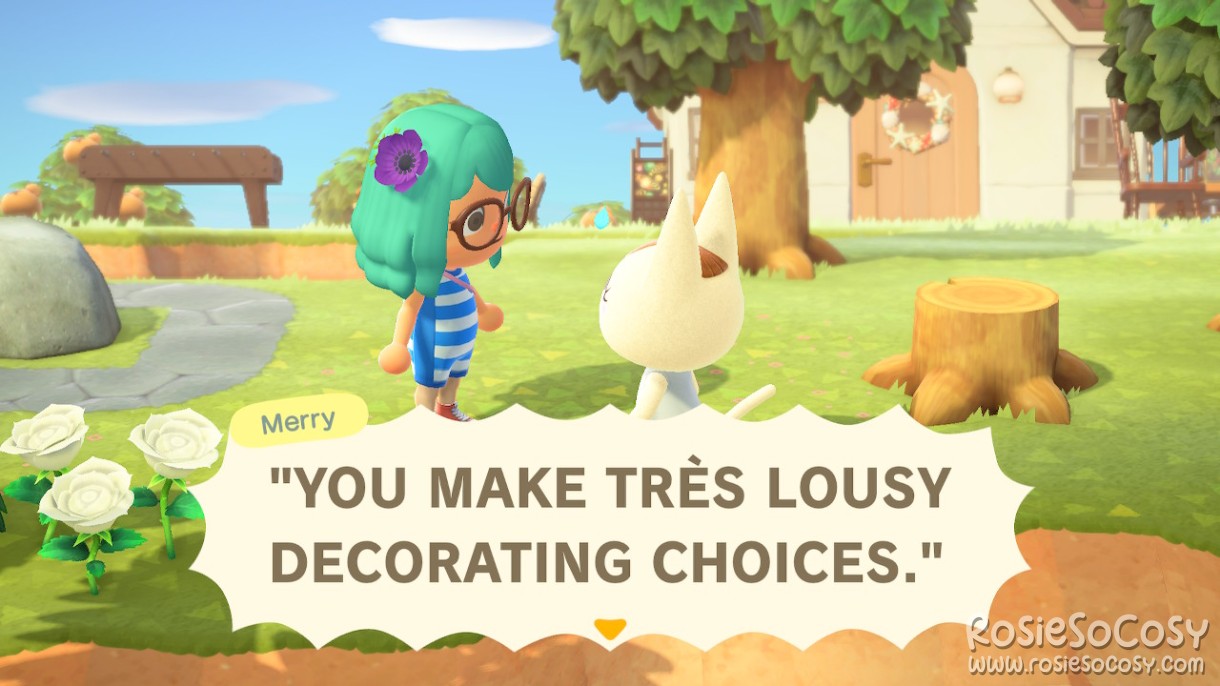 Rosie's main character in Animal Crossing: New Horizons has seafoam hair, a purple windflower in it, is wearing a blue and white striped wetstuit and blue shoes. She is wearing dark brown round glasses and she has a light to medium skin colour. Sh is talking to Merry the villager. Merry is a cream coloured cat with brown details. She is wearing a grey tank top and is standing with her side/back to the camera. It's around 4pm in the afternoon, the grass and trees are green.