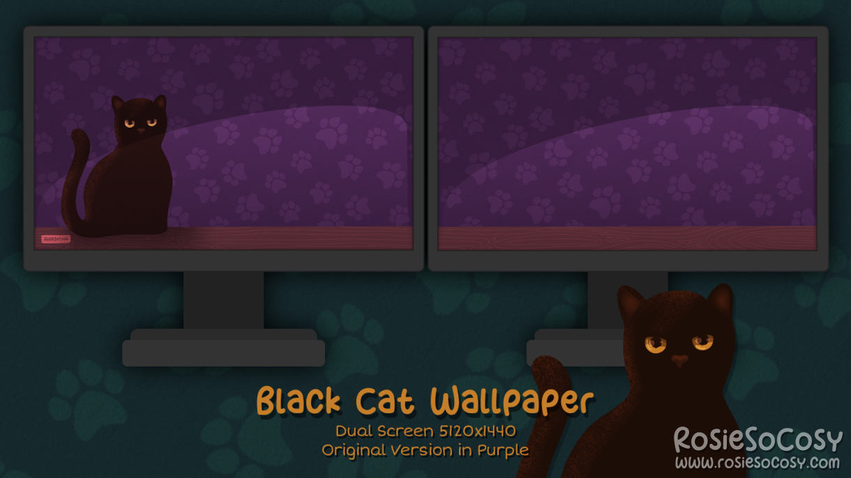 "Salem" Black Cat. Dual Screen Wallpaper (5120x1440). Original Version. Purple Background. Created by RosieSoCosy aka Rosana Kooymans 