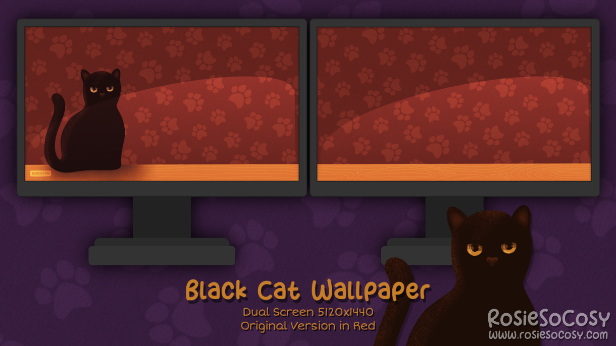 "Salem" Black Cat. Dual Screen Wallpaper (5120x1440). Original Version. Red Background. Created by RosieSoCosy aka Rosana Kooymans 