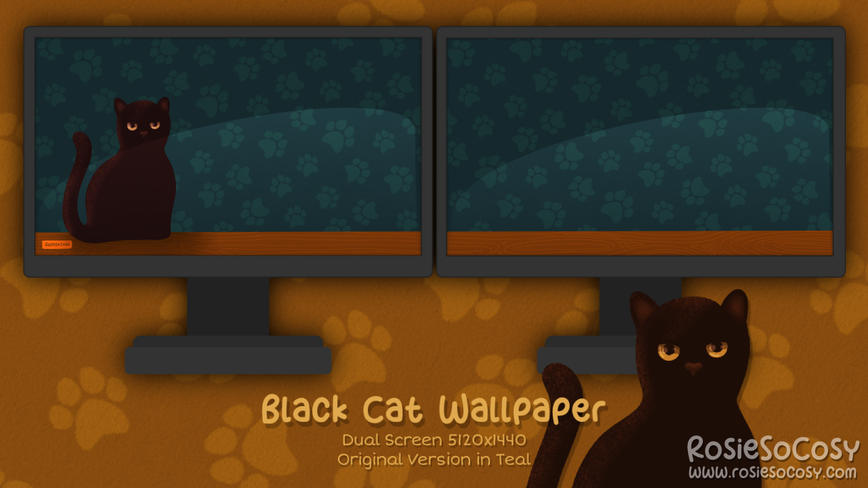 "Salem" Black Cat. Dual Screen Wallpaper (5120x1440). Original Version. Teal Background. Created by RosieSoCosy aka Rosana Kooymans 