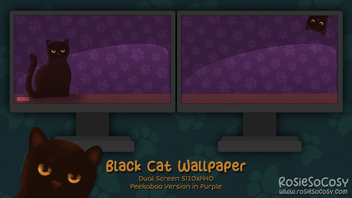 "Salem" Peekaboo Black Cat. Dual Screen Wallpaper (5120x1440). Peekaboo Version. Purple Background. Created by RosieSoCosy aka Rosana Kooymans