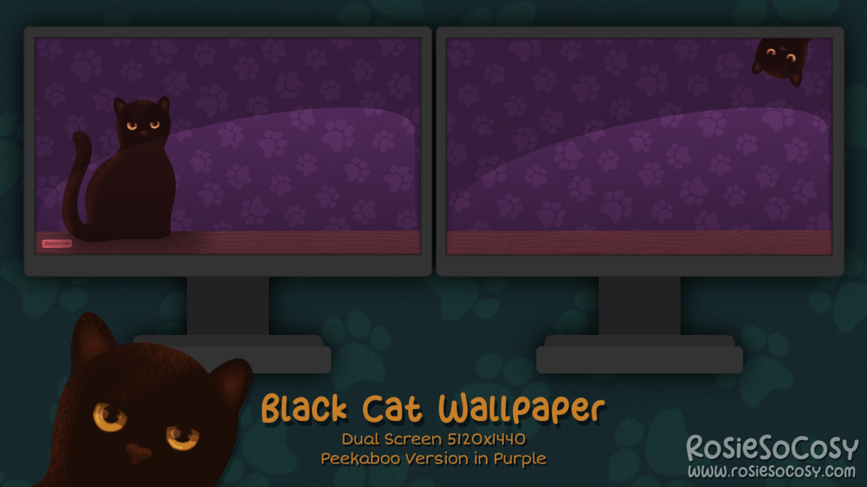 "Salem" Peekaboo Black Cat. Dual Screen Wallpaper (5120x1440). Peekaboo Version. Purple Background. Created by RosieSoCosy aka Rosana Kooymans 