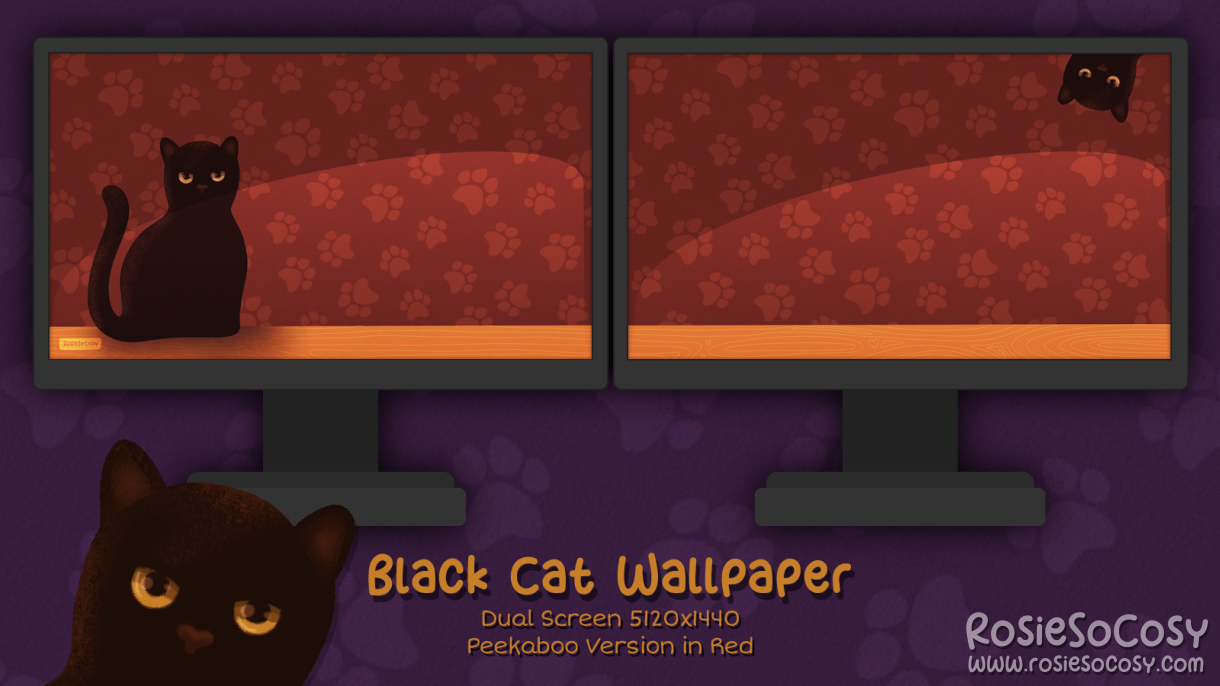 "Salem" Peekaboo Black Cat. Dual Screen Wallpaper (5120x1440). Peekaboo Version. Red Background. Created by RosieSoCosy aka Rosana Kooymans 