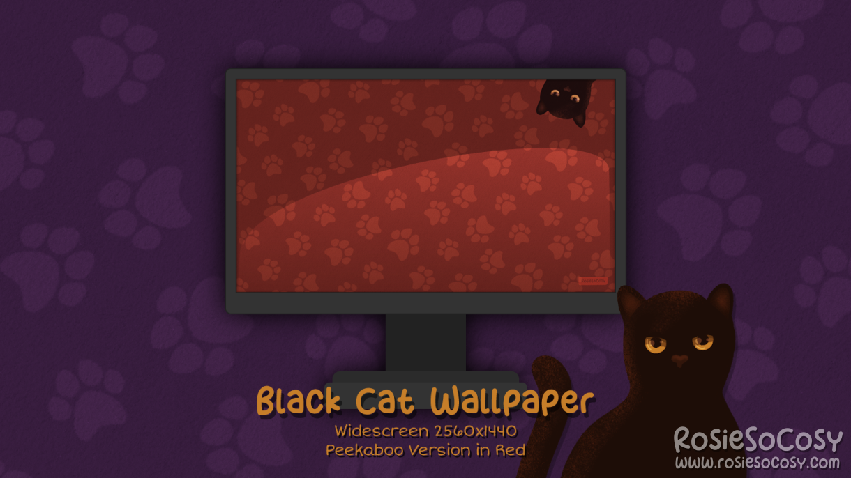 "Salem" Peekaboo Black Cat. Widescreen Wallpaper (2560x1440). Peekaboo Version. Red Background. Created by RosieSoCosy aka Rosana Kooymans 