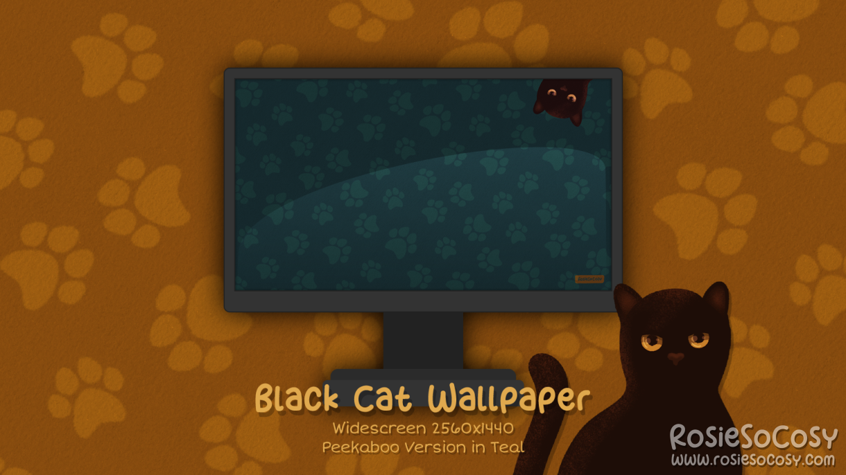 "Salem" Peekaboo Black Cat. Widescreen Wallpaper (2560x1440). Peekaboo Version. Teal Background. Created by RosieSoCosy aka Rosana Kooymans 