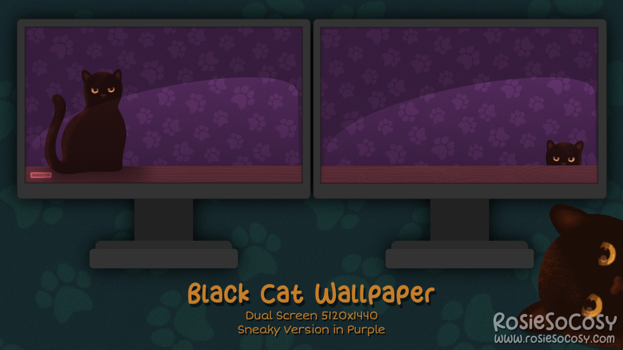 "Salem" Sneaky Black Cat. Dual Screen Wallpaper (5120x1440). Original Version. Purple Background. Created by RosieSoCosy aka Rosana Kooymans 