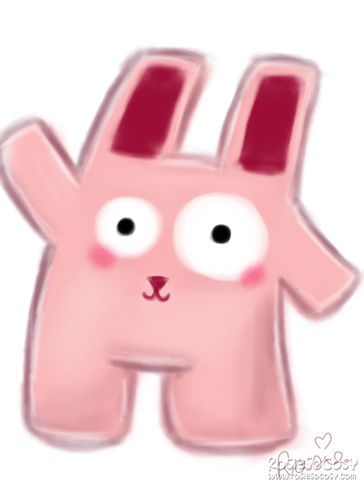 A pink Freezer Bunny with wonky eyes. Freezer Bunny is waving at the camera.