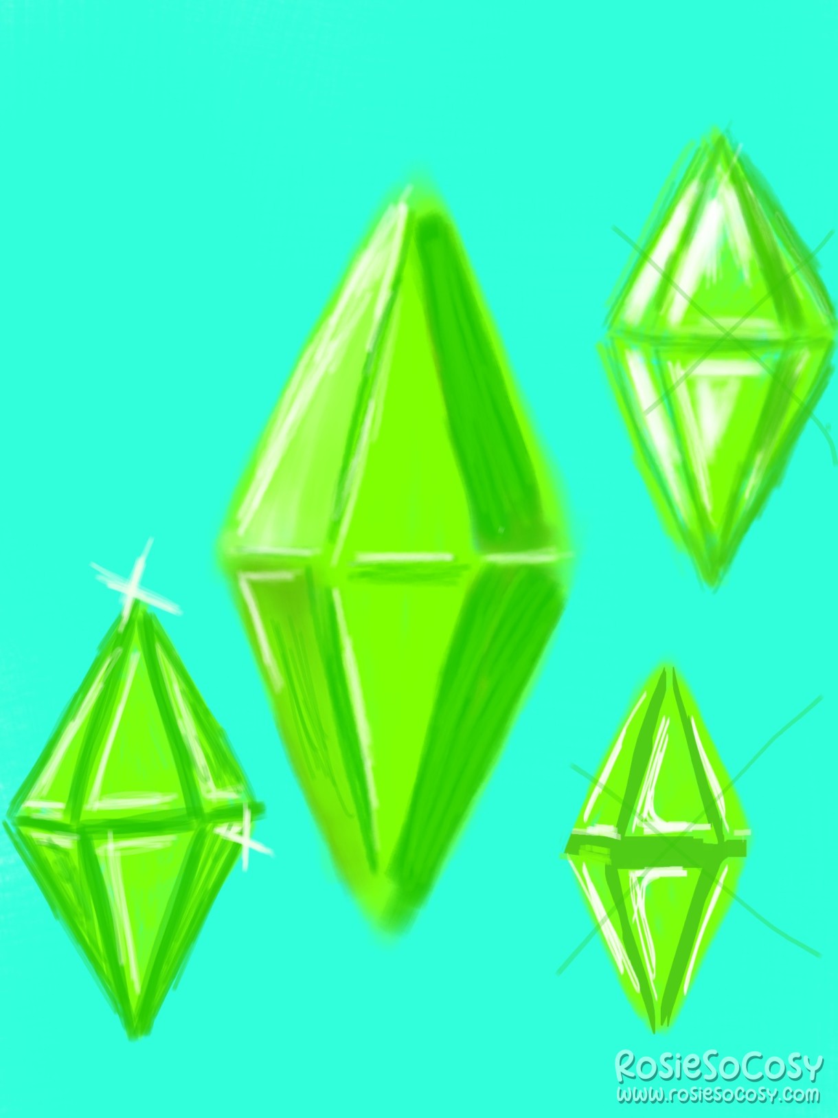 There are 4 bright green plumbobs. One big plumbob, two medium plumbobs and a slightly smaller one. The background is an aqua colour.