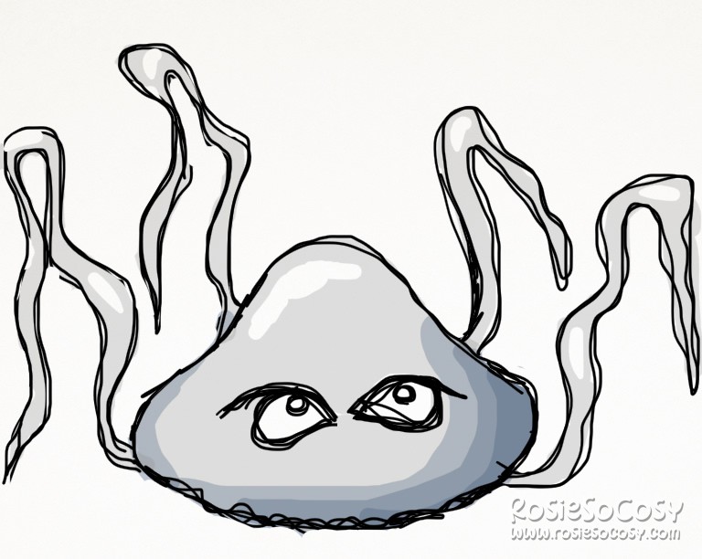 This is inspired by Lispel. An anrgy looking jellyfish from Alfred J Kwak. This quick sketch jellyfish version only has four arms instead of his usual five arms. He's also a light grey when the actual character is a darker grey.