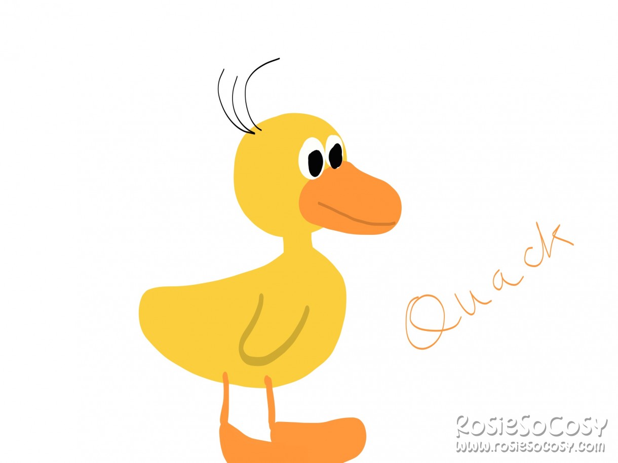 A little yellow duck. The duck has an orange beak and orange feet, and three black hairs on the top of its head. The duck has eyes with black pupils. Next to the duck it says Quack.